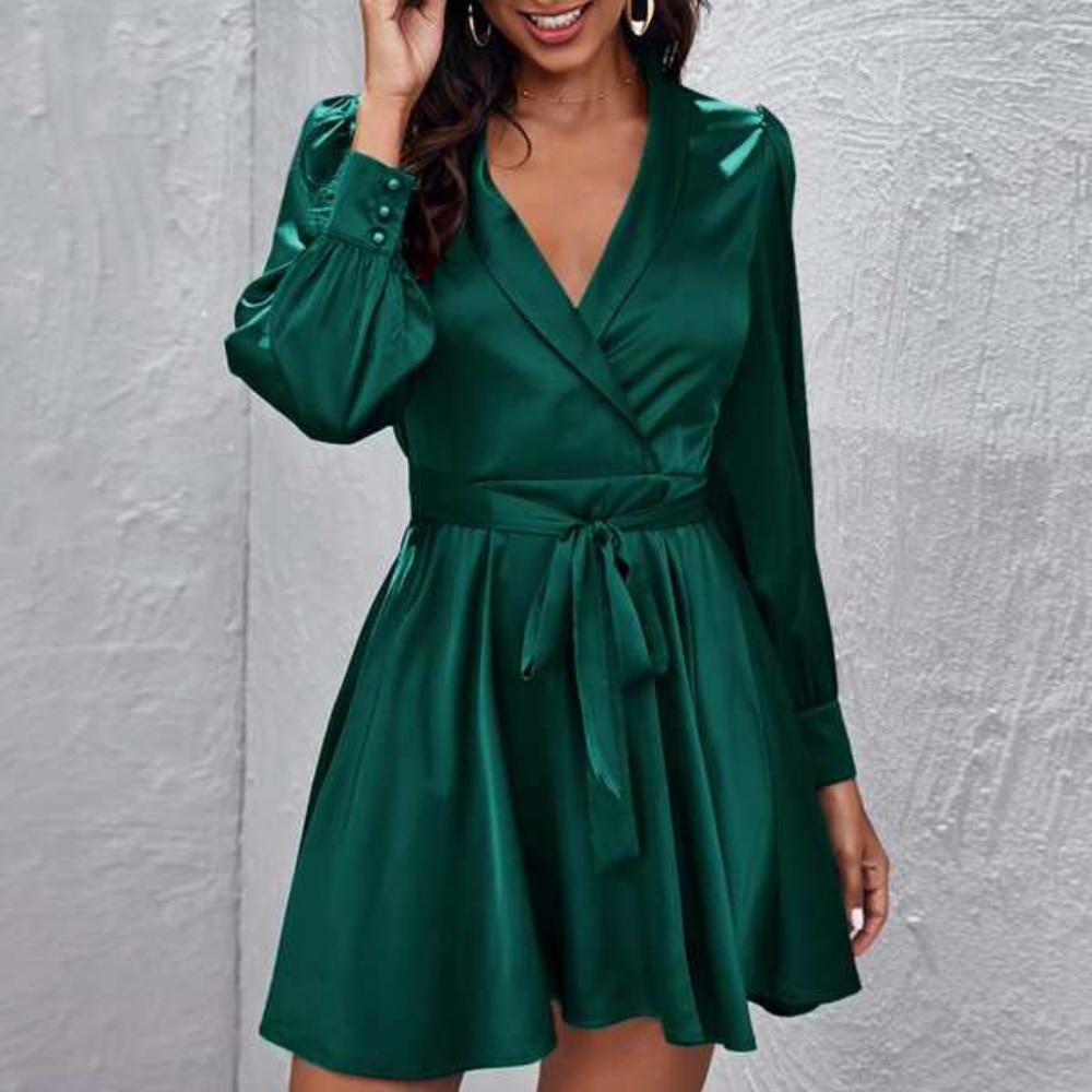V neck Hunter Green satin long sleeve ruffle dress Party - Picture 4 of 8